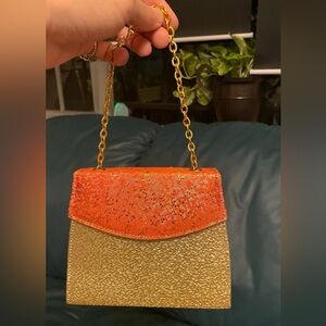 Vintage kimono silk confetti bag 70s casino gold glitter effect orange sparkle